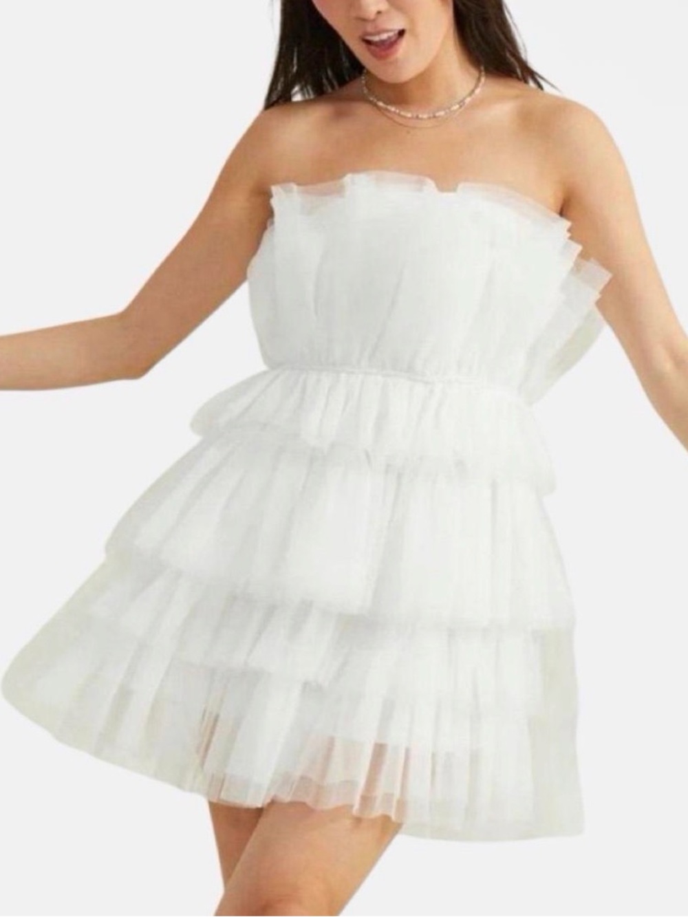 Altar'd State White Strapless Tiered Tulle Mini Dress